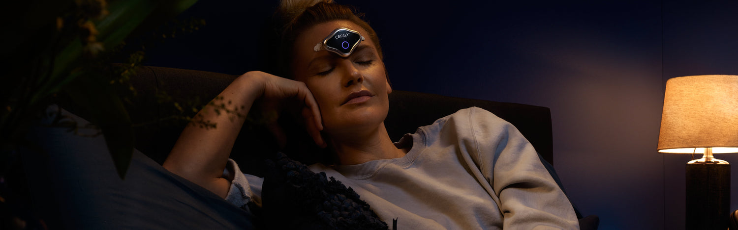 Lady laid down wearing Cefaly Dual ENHANCED